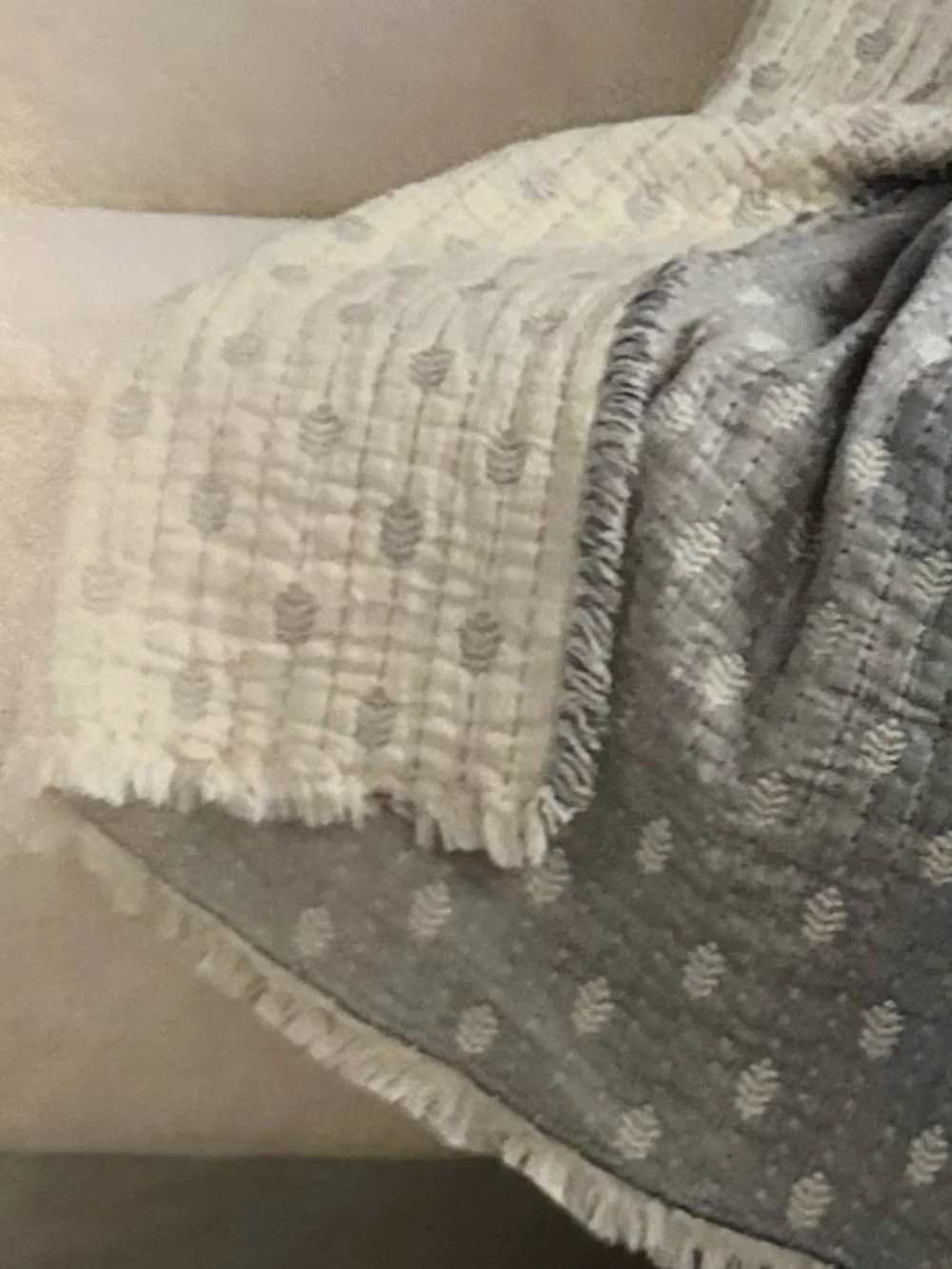 🎁Nemcor Made in Portugal Reversible Cotton Throw -Light Blue and Cream- 50”x70”